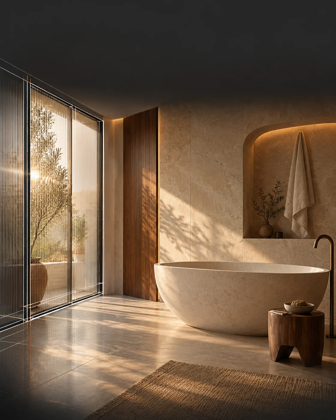 A sculptural stone bath beside a sunlit ribbed-glass window