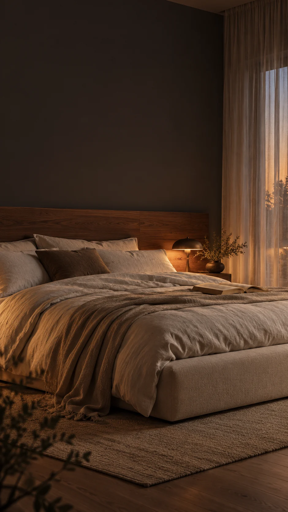A cozy bedroom with layered ivory bedding and a warm bedside glow