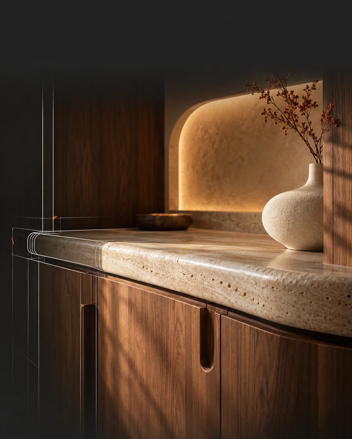Rounded travertine and crafted walnut cabinet details