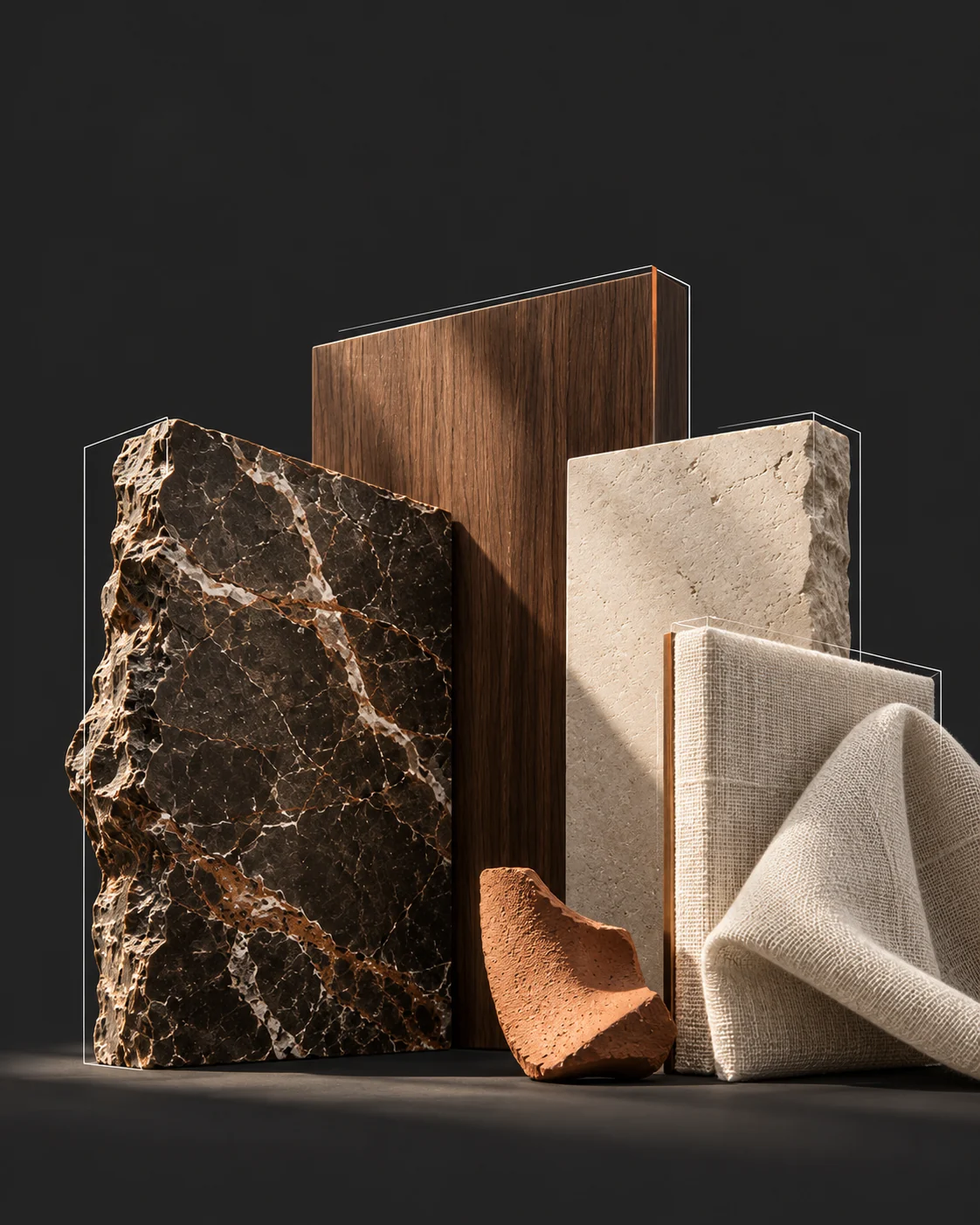 Warm walnut, pale stone and textured linen in a material concept study