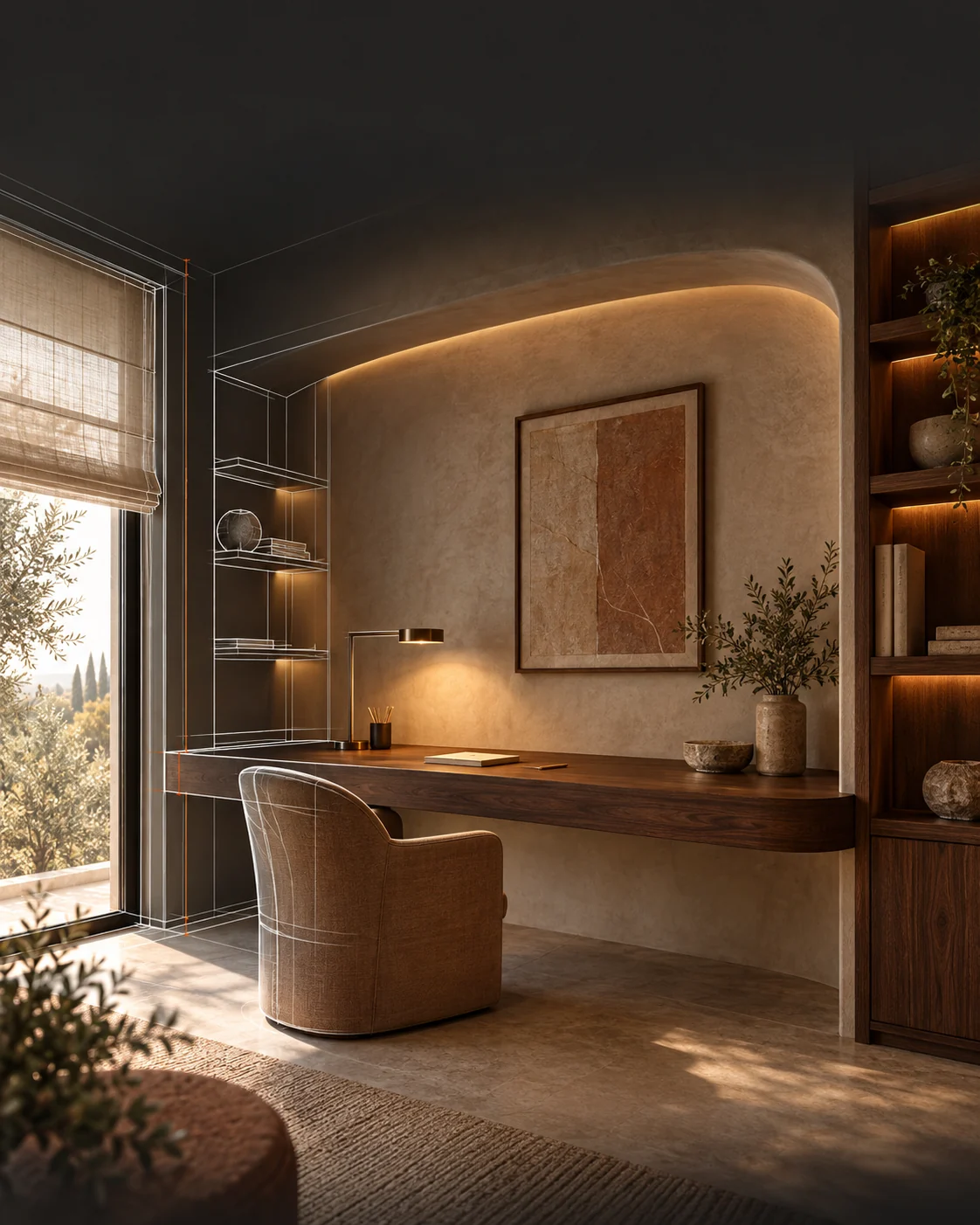 A walnut writing desk and upholstered chair in a softly lit home study