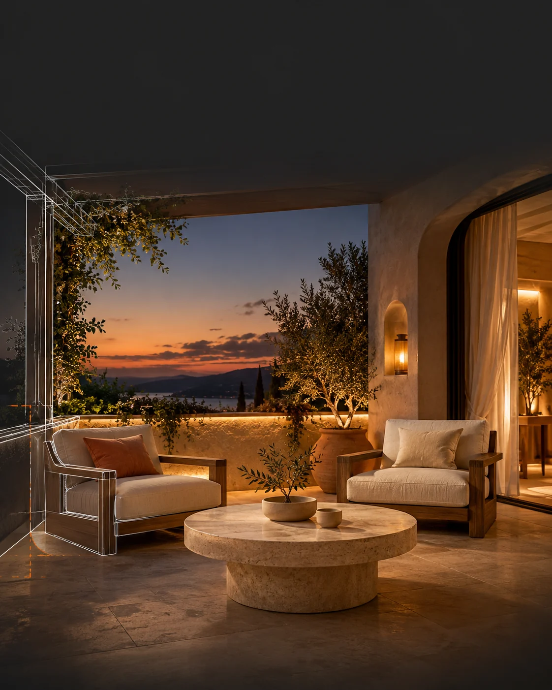A private terrace with linen lounge chairs and warm evening light